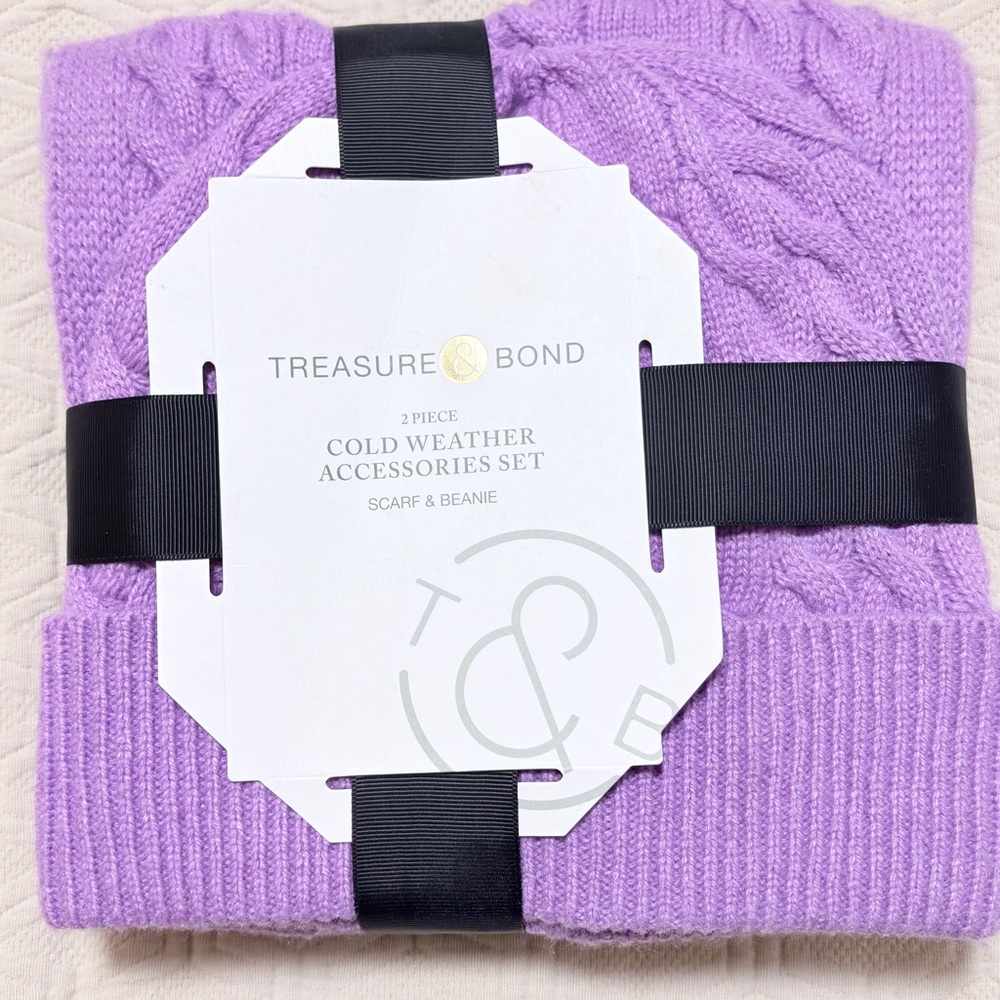 Treasure & Bond Scarf Beanie Set Purple Knit Wool Blend 2 Piece NWT